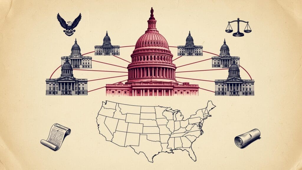 alt="Federalism diagram showing federal powers, state powers, and shared powers in the United States"