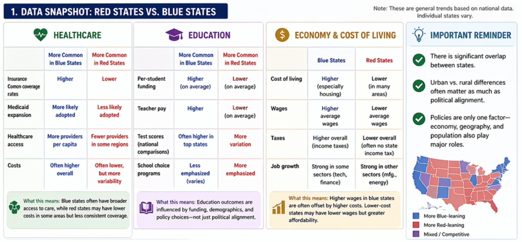 A clean graphic showcasing a calculator tool to analyze tax and data trends across red vs blue states.