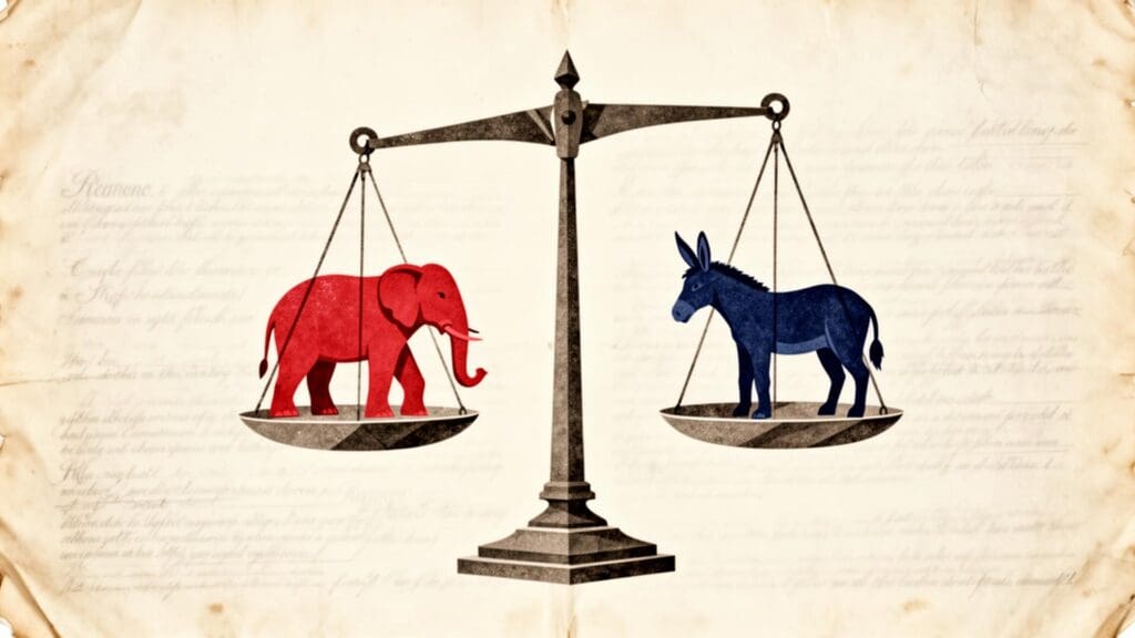 A clean minimalist graphic displaying a multi-dimensional political matrix to highlight the different political spectrum ideologies