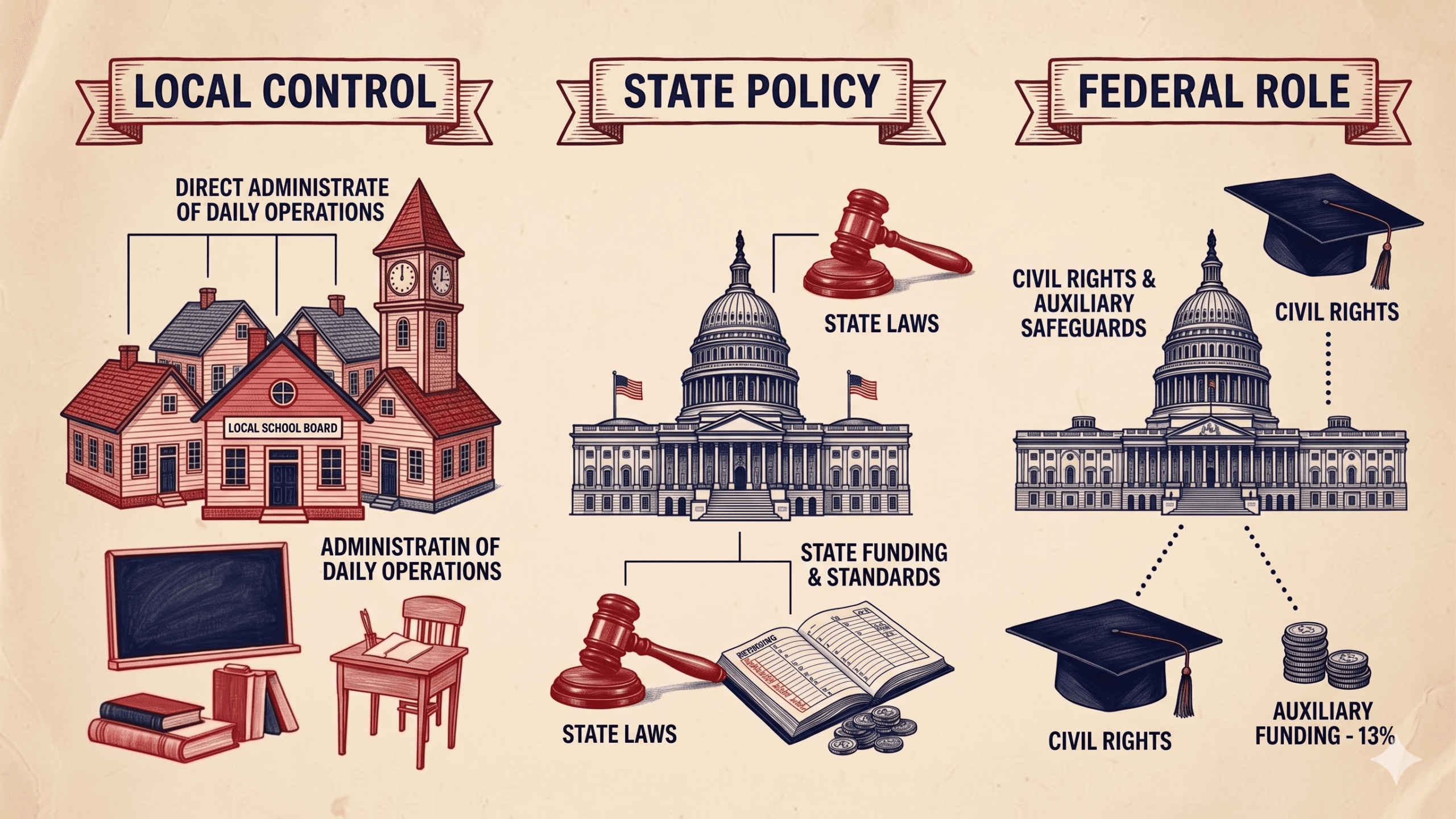 An educational infographic flowchart on a beige background titled Local Control, State Policy, and Federal Role, showing who controls education in the US via state, local, and federal funding and policy splits.