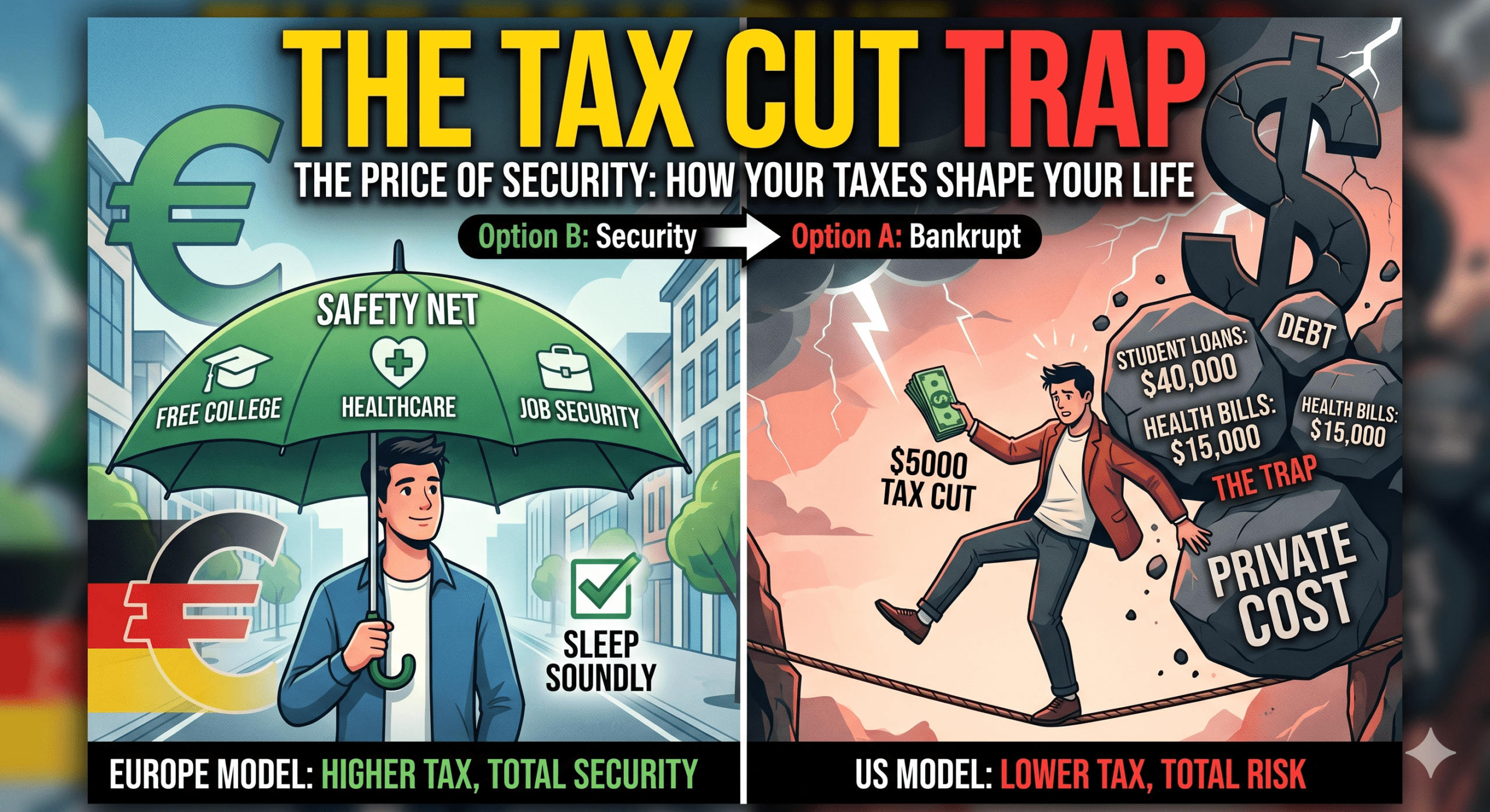 A side-by-side conceptual graphic comparing a paycheck with out-of-pocket receipts to highlight the hidden price of lower taxes.