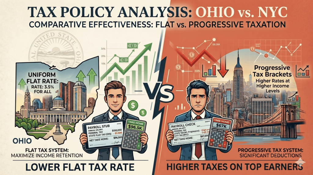 Flat Tax vs Wealth Tax comparison showing Ohio and New York City tax approaches