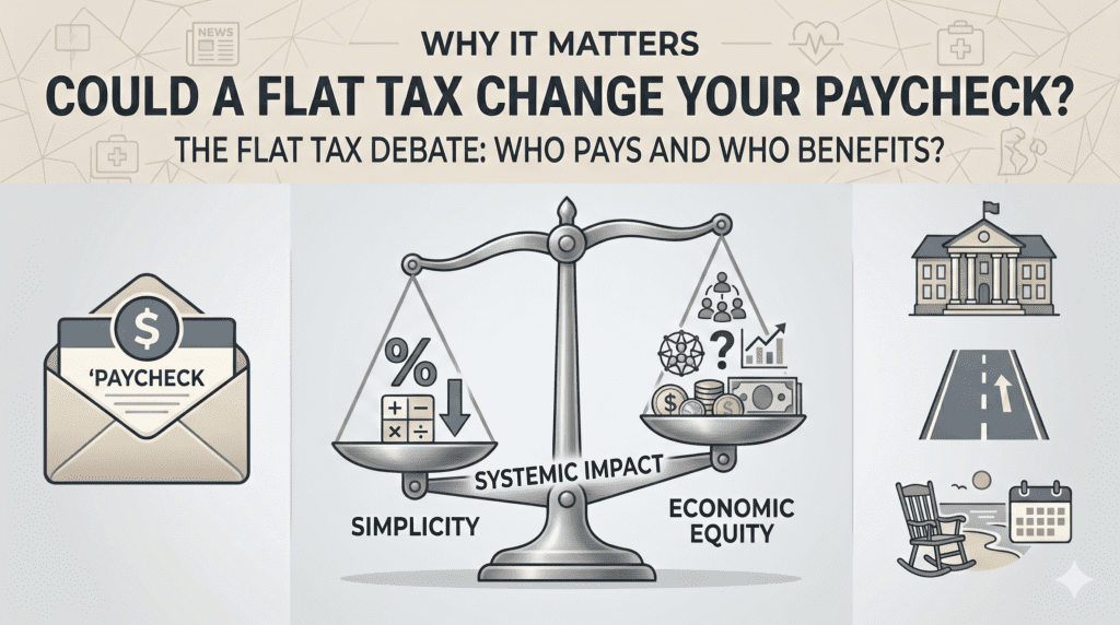 Flat Tax vs Wealth Tax illustration showing how tax policy can affect paychecks, public services, and economic fairness