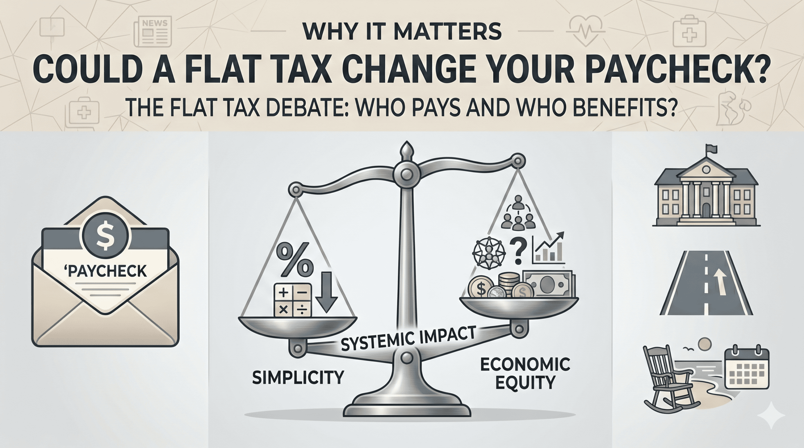 Flat Tax vs Wealth Tax illustration showing how tax policy can affect paychecks, public services, and economic fairness