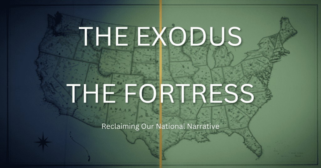 dual-tone split graphic of a vintage United States map featuring the text title The Exodus and The Fortress.