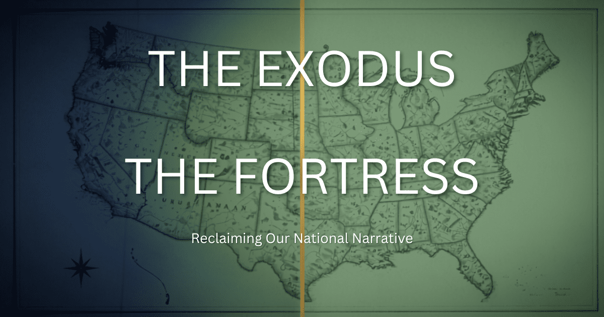 dual-tone split graphic of a vintage United States map featuring the text title The Exodus and The Fortress.