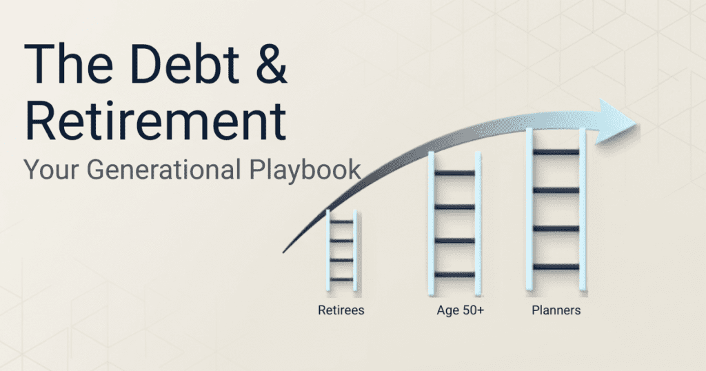 A clean minimalist graphic on a soft beige background featuring three ascending blue ladders labeled for retirees, age 50 plus, and future planners under an upward-pointing arrow, illustrating how national debt impacts social security strategies.