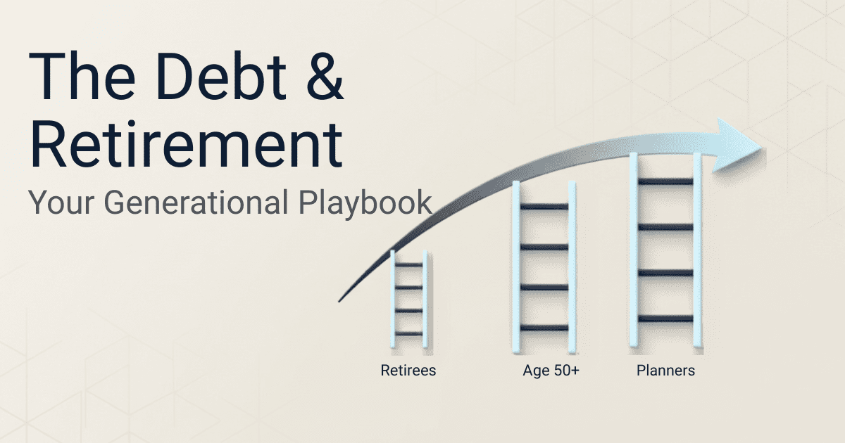 A clean minimalist graphic on a soft beige background featuring three ascending blue ladders labeled for retirees, age 50 plus, and future planners under an upward-pointing arrow, illustrating how national debt impacts social security strategies.