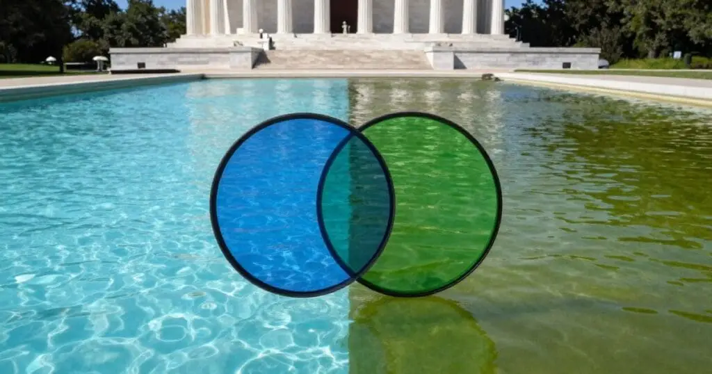 A split-screen photograph of the Lincoln Memorial reflecting pool with a stylized Venn diagram graphic overlaying the center, highlighting the contrast between the clear blue water on the left and the green algae bloom on the right to illustrate political psychology concepts.