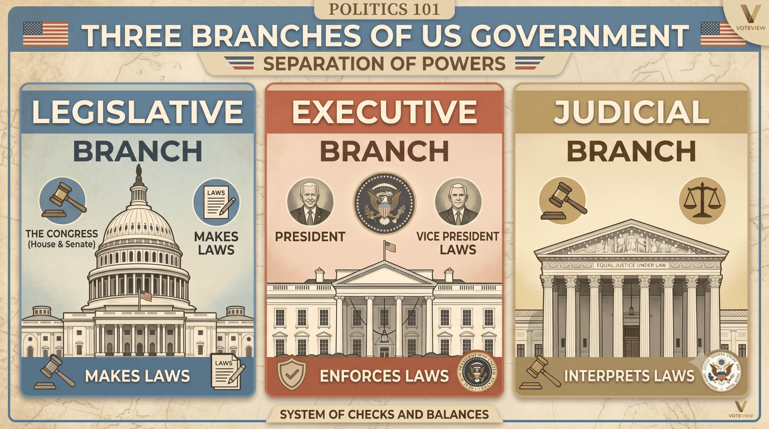 Illustration of the three branches of government showing the Legislative Branch, Executive Branch, and Judicial Branch and how separation of powers works in the United States.
